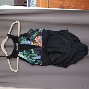 Unbranded Womens Swimsuit One Piece Black Tropical Floral Semi-Sheer Insert Sz L